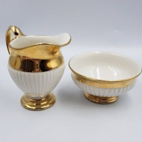 Vintage Royal Winton Grimwades Sugar Bowl & Creamer White Ribbed Golden Trim - Picture 3 of 16